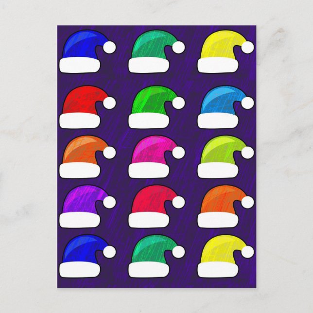 Merry Christmas Santa Hats Red Blue Purple Green Holiday Postcard (Front)