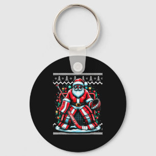 Merry Christmas Santa Hockey Goalie Ugly Christmas Key Ring