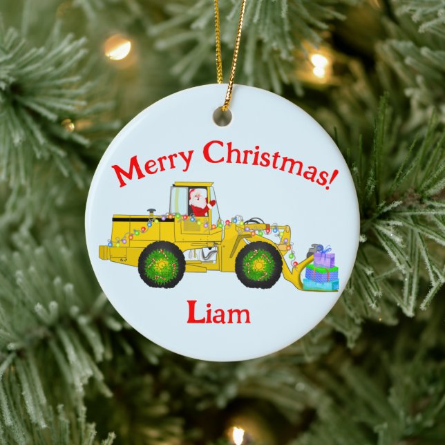 Merry Christmas Santa In Bulldozer Delivering Gift Ceramic Tree Decoration (Tree)