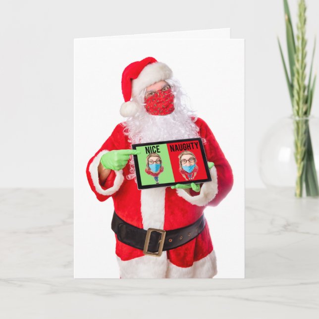 Merry Christmas Santa in Face Mask With List Humou Holiday Card (Front)