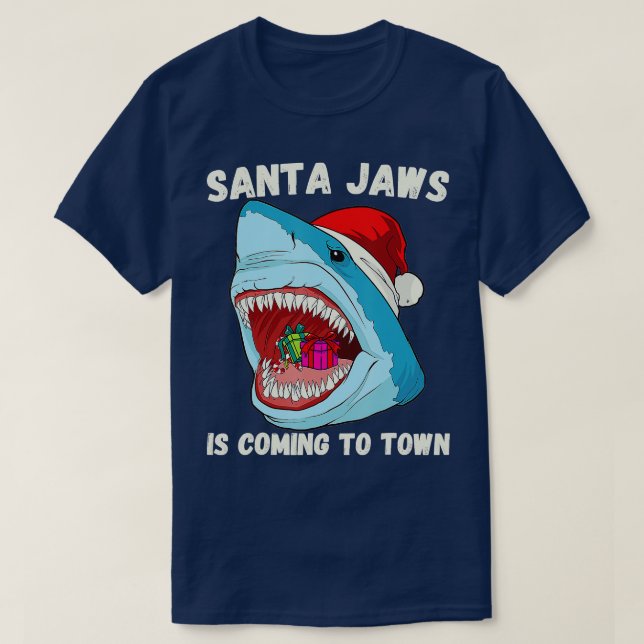 Merry Christmas Santa Jaws Is Coming to Town Funny T-Shirt (Design Front)