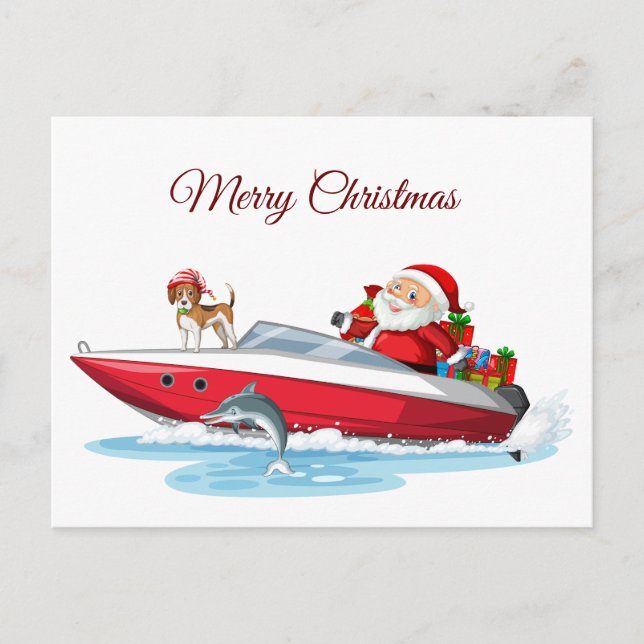Merry Christmas Santa on the Boat with Dog Holiday Postcard (Front)
