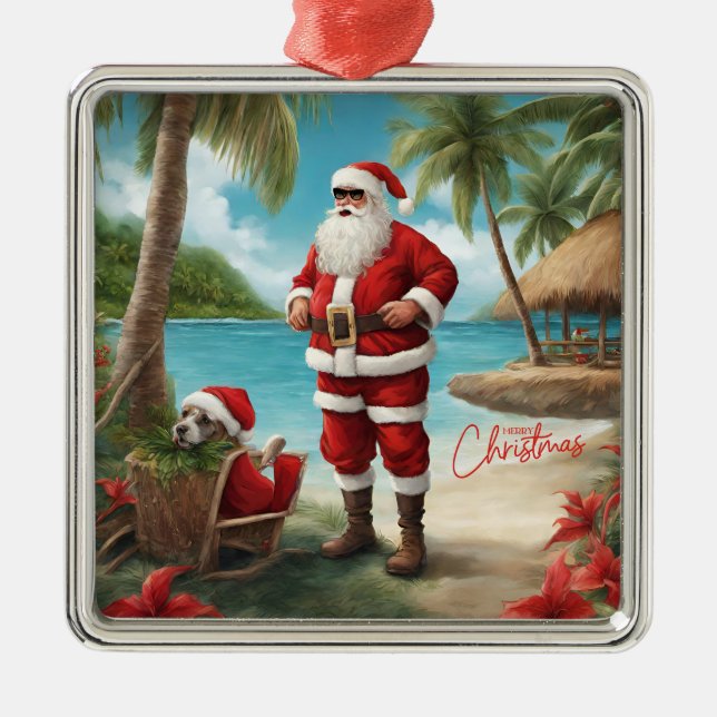 Merry Christmas Santa on Tropical Island  Metal Tree Decoration (Front)