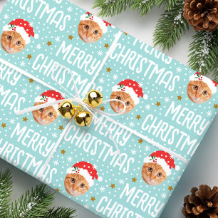 Merry Christmas Santa One Photo Cute Face Blue Wrapping Paper