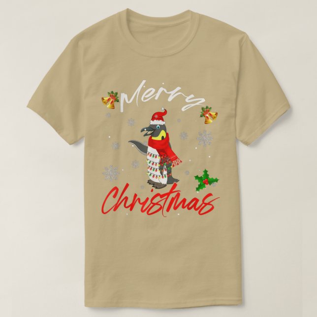 Merry Christmas Santa Penguin Xmas Lights Funny Fa T-Shirt (Design Front)
