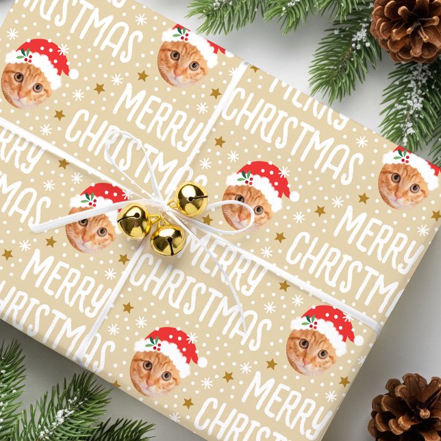 Merry Christmas Santa Photo Cute Face Beige Wrapping Paper (Creator Uploaded)