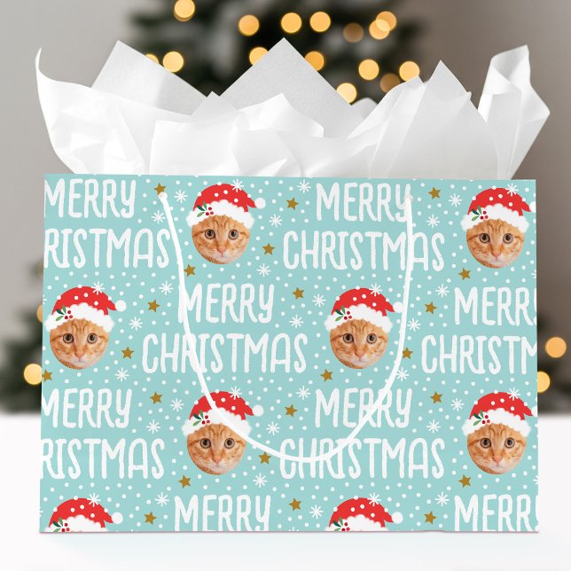 Merry Christmas Santa Photo Cute Face Blue Large Gift Bag (Creator Uploaded)