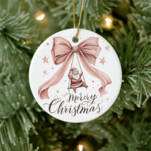Merry Christmas Santa & Pink Bow Ornament