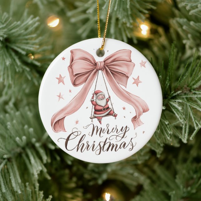 Merry Christmas Santa & Pink Bow Ornament (Tree)