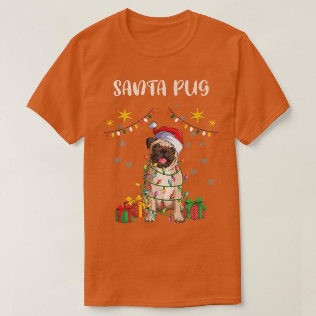 Merry Christmas Santa Pug, Santa Hat Xmas Lights F T-Shirt (Design Front)