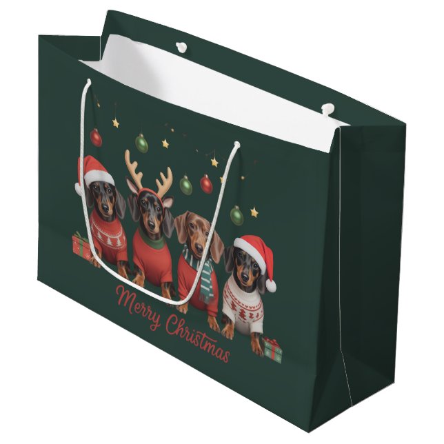 Merry Christmas Santa Reindeer Dachshund Weiner  Large Gift Bag (Front Angled)