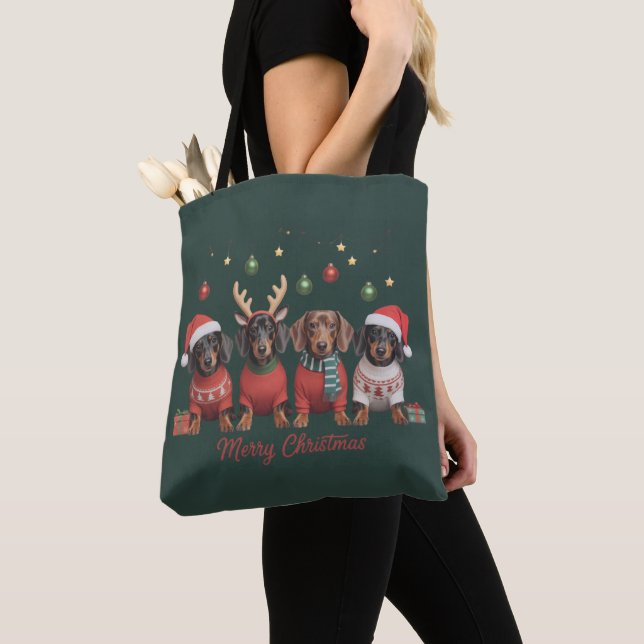Merry Christmas Santa Reindeer Dachshund Weiner  Tote Bag (Close Up)