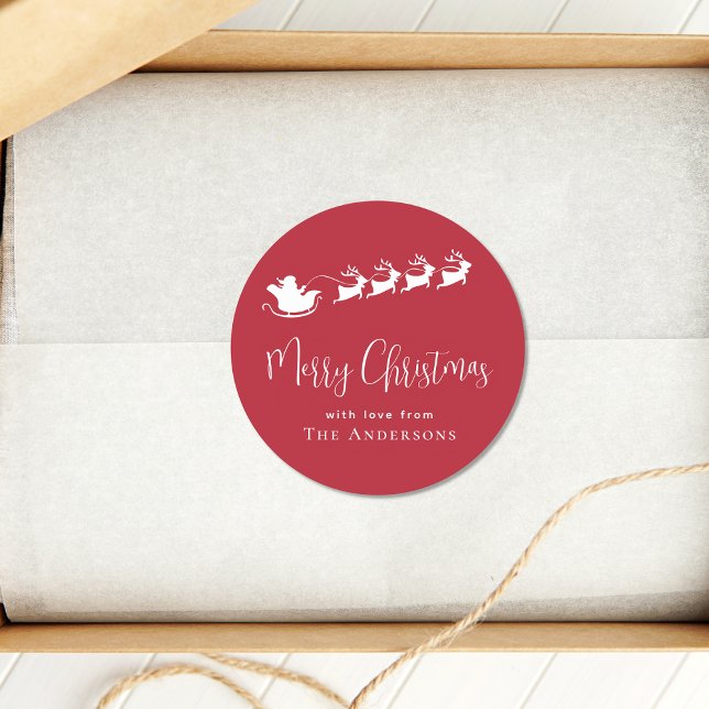 Merry Christmas Santa Reindeer Red Classic Round Sticker (Creator Uploaded)