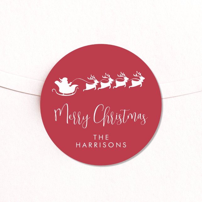 Merry Christmas Santa Reindeer Red Classic Round Sticker (Creator Uploaded)