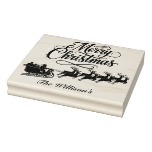 Merry Christmas Santa Reindeer with Name Rubber Stamp