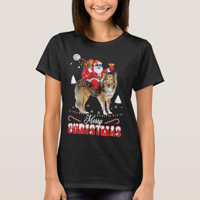 Merry Christmas Santa Riding Shetland Sheepdog Kid T-Shirt (Front)
