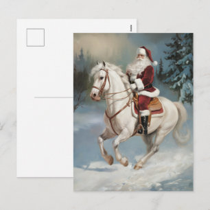 Merry Christmas Santa Riding White Horse Snowing   Holiday Postcard