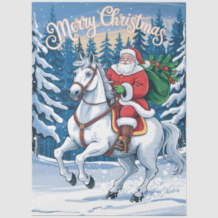Merry Christmas Santa Riding White Horse Snowing Tissue Paper