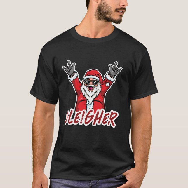 Merry Christmas Santa Rock On Sleigher Funny Xmas  T-Shirt (Front)