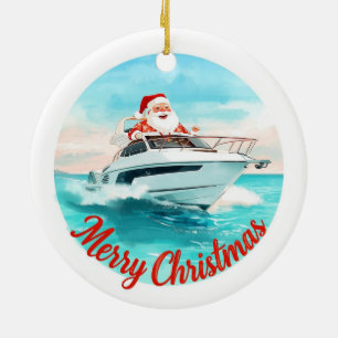 Merry Christmas Santa Sailing on a Yacht Ceramic Tree Decoration