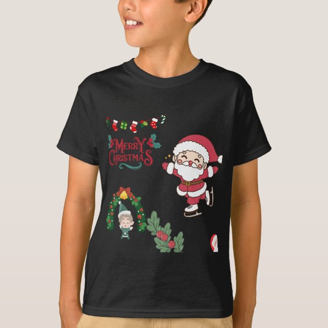 Merry Christmas Santa Skater Kids Holiday Fun T-Shirt (Front)