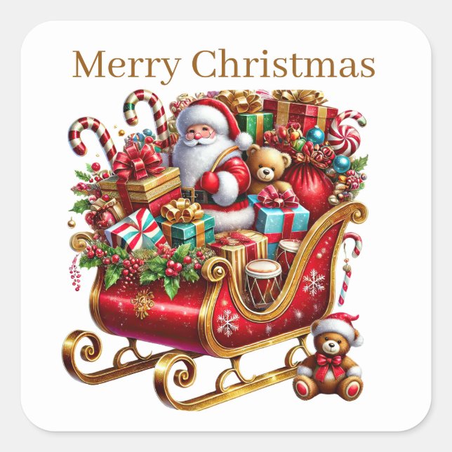 Merry Christmas Santa sleigh add text Square Sticker (Front)