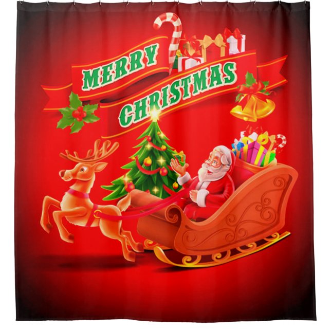 Merry Christmas Santa Sleigh and Reindeer Shower Curtain (Front)