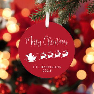 Merry Christmas Santa Sleigh Photo Red Metal Tree Decoration