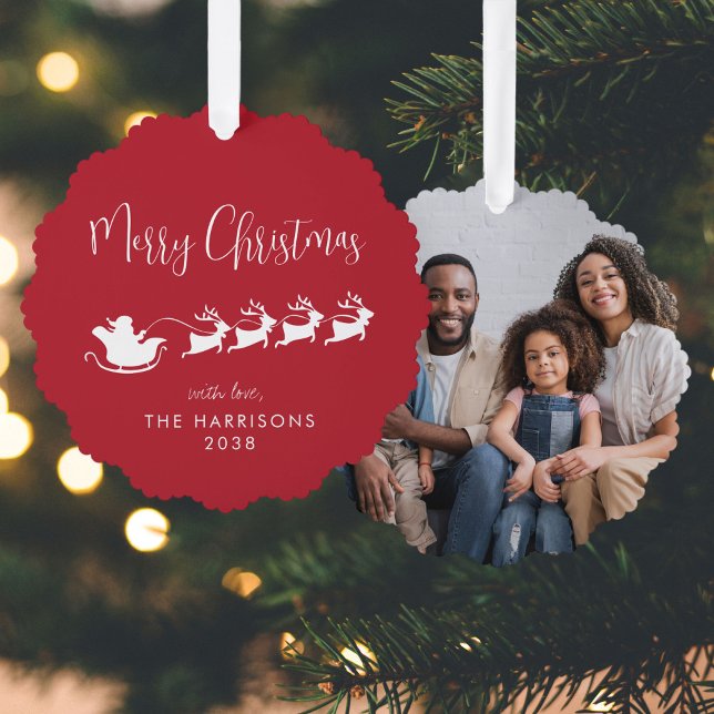 Merry Christmas Santa Sleigh Photo Red Tree Decoration Card (Share the love and warmth of the holiday season with a photo paper ornament card)
