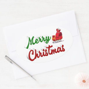 Merry Christmas Santa Sleigh red green script Oval Sticker