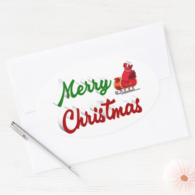 Merry Christmas Santa Sleigh red green script Oval Sticker (Envelope)