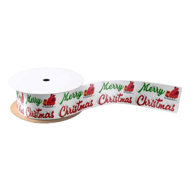 Merry Christmas Santa Sleigh red green script Satin Ribbon (Spool)