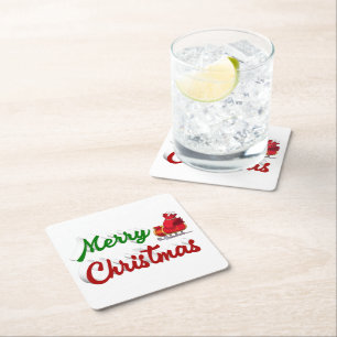 Merry Christmas Santa Sleigh red green script Square Paper Coaster