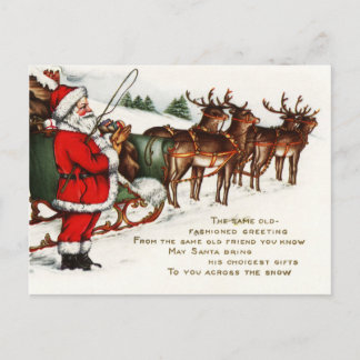 Merry Christmas Santa Sleigh Reindeer Holiday Postcard