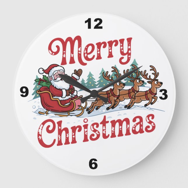 Merry Christmas Santa Sleigh Reindeer       Large Clock (Front)