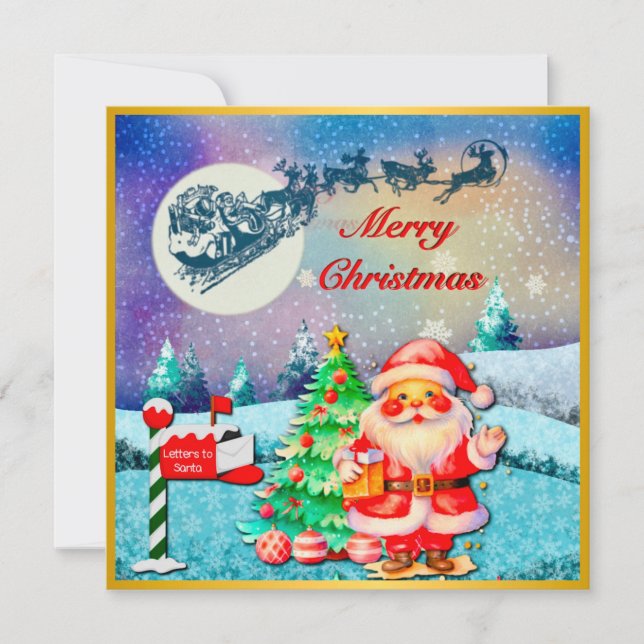Merry Christmas Santa, Sleigh, Reindeer, Snowflake Card (Front)