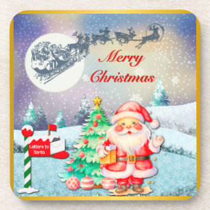 Merry Christmas Santa, Sleigh, Reindeer, Snowflake Coaster