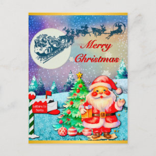 Merry Christmas Santa, Sleigh, Reindeer, Snowflake Postcard