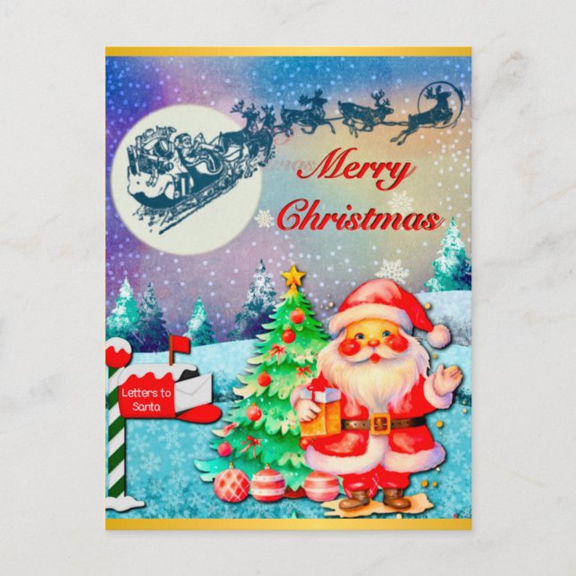 Merry Christmas Santa, Sleigh, Reindeer, Snowflake Postcard (Front)