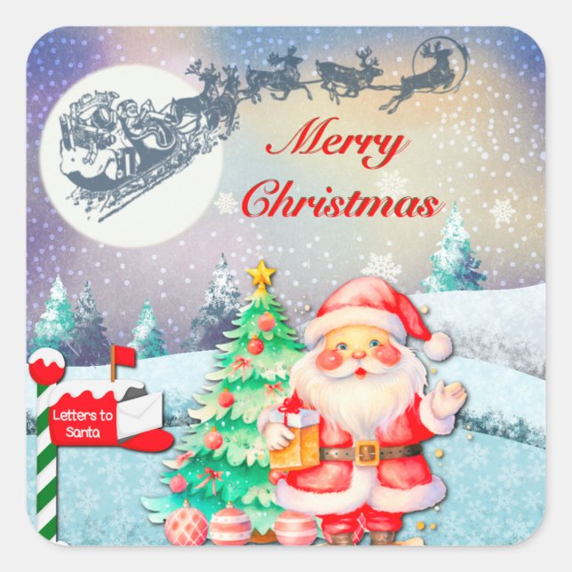 Merry Christmas Santa, Sleigh, Reindeer, Snowflake Square Sticker (Front)