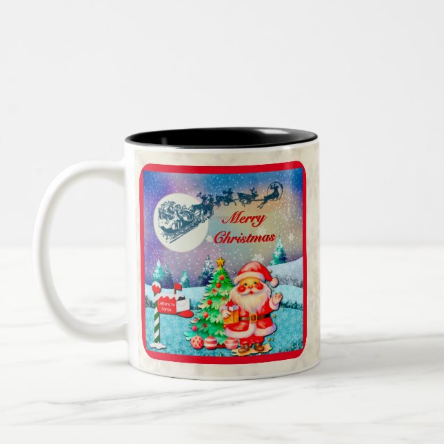 Merry Christmas Santa, Sleigh, Reindeer, Snowflake Two-Tone Coffee Mug (Left)