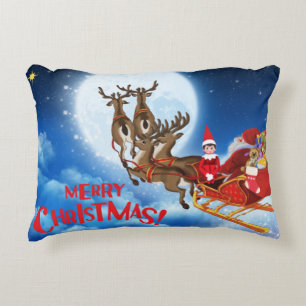Merry Christmas Santa Sleigh with Elf and Gifts Decorative Cushion