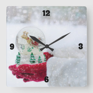 Merry Christmas & Santa Snow Globe Square Wall Clock