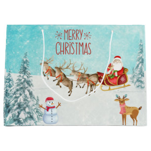 Merry Christmas Santa, Snowman, Reindeer, Forest Large Gift Bag