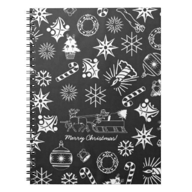 Merry Christmas Santa Symbols, Black and White Spiral Notebook (Front)