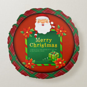 Merry Christmas Santa Tartan Plaid Round Cushion