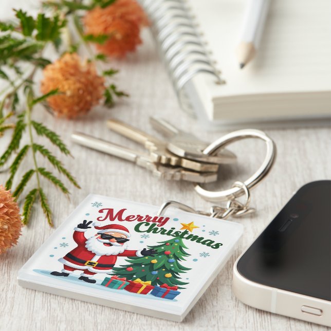 Merry Christmas  | Santa & Tree Design Key Ring (Front Right)