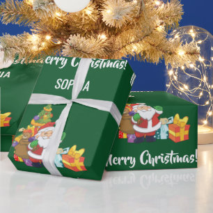 Merry Christmas Santa Tree Gifts Personalize Name Wrapping Paper