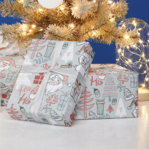 Merry Christmas Santa Tree Hand-Drawn Pattern Sage Wrapping Paper