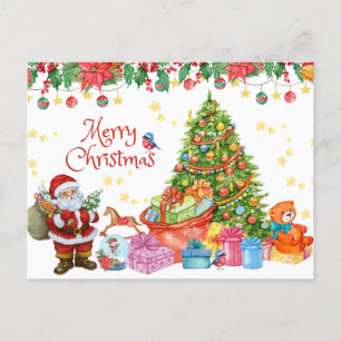 Merry Christmas Santa with Gifts & Christmas Tree Holiday Postcard